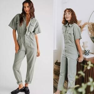 NEW Free People Marci Short Sleeve Coverall Jumpsuit in Washed Army Green Y2K